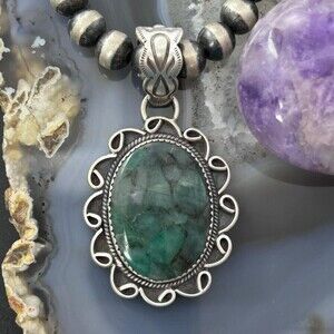 Sterling Silver Southwestern Style Oval Dark Emerald Decorated Pendant For Women